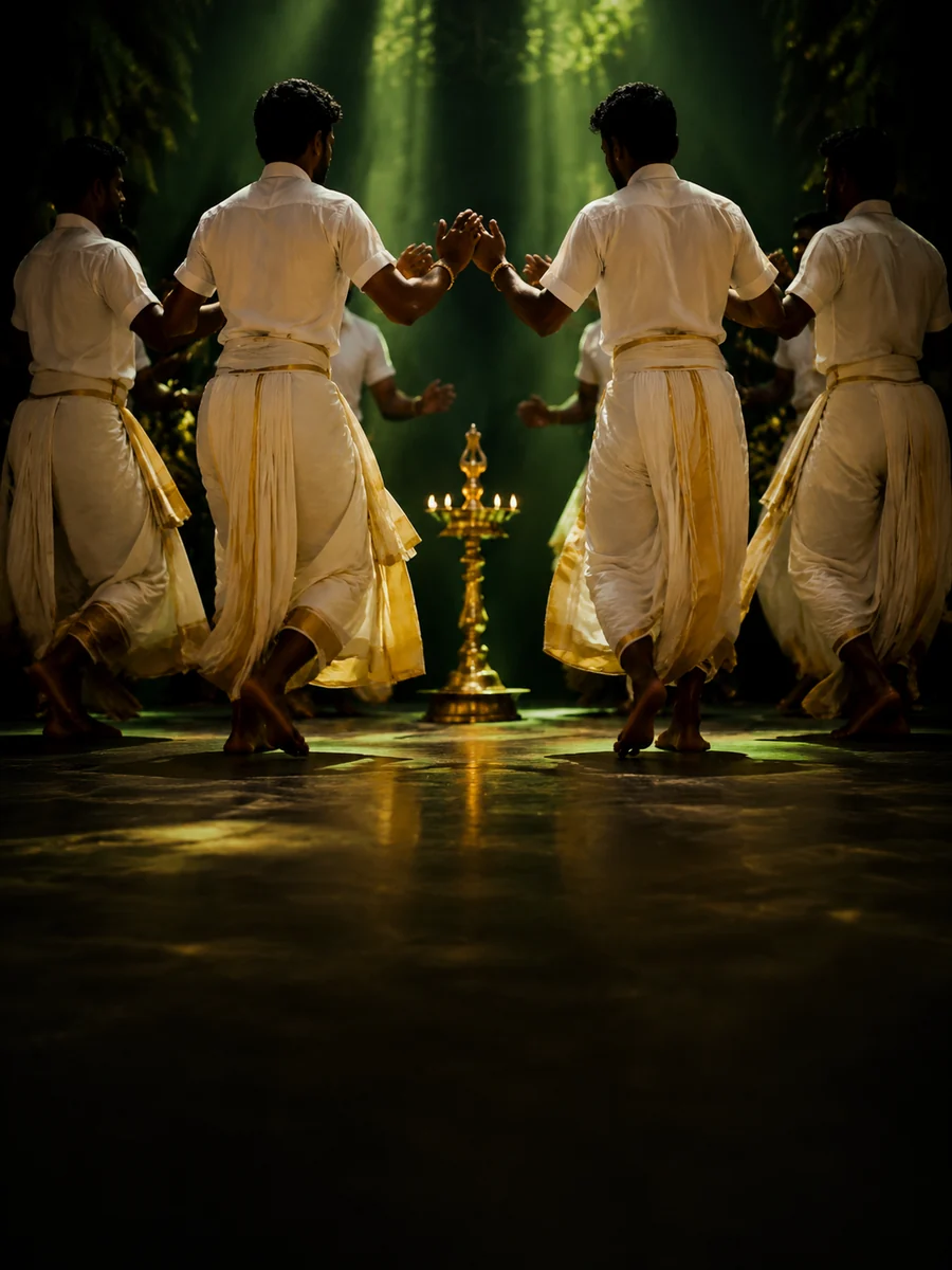 Men in white mundu dancing in a ring around a lit brass lamp, hands joined overhead