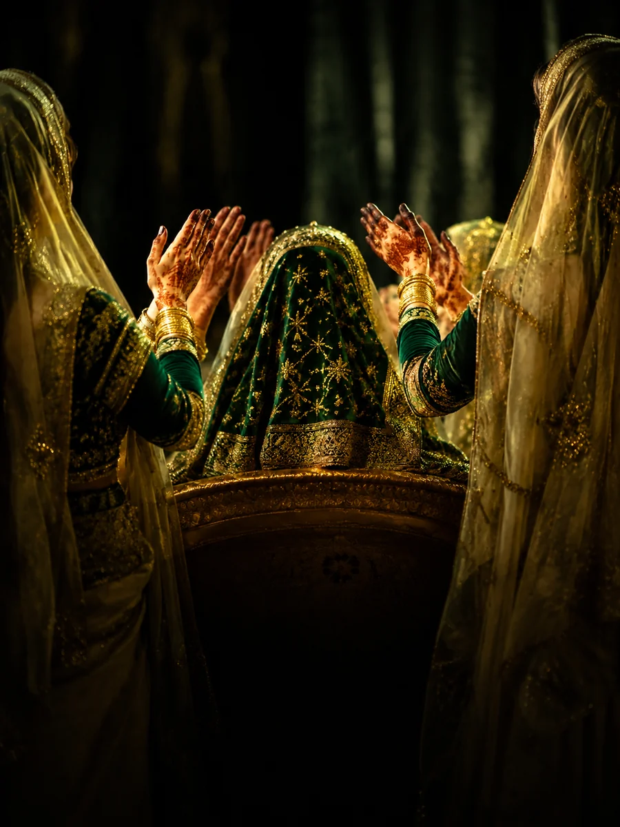 Women in green and gold, hands hennaed, clapping in a ring around the drum